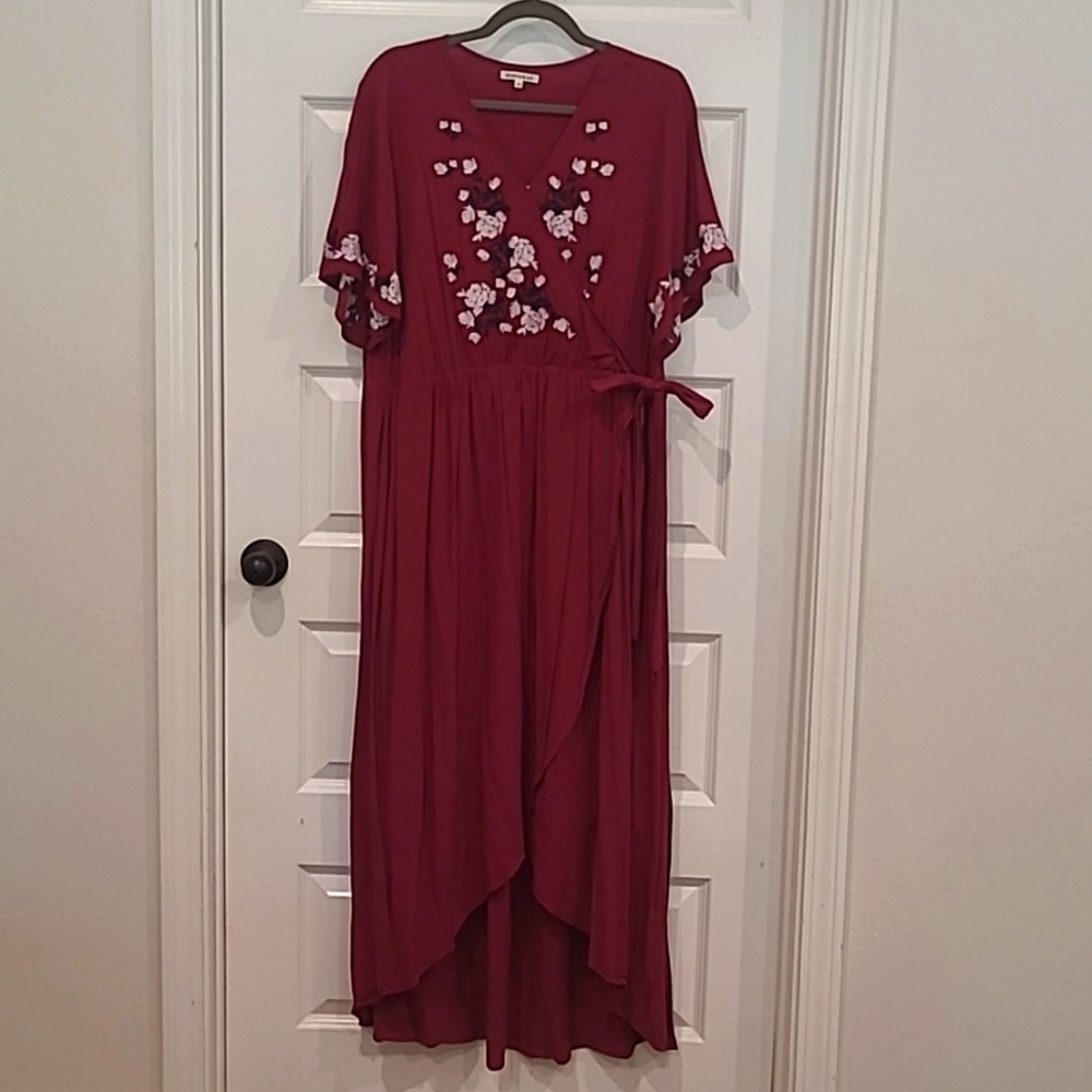 JessaKae Maroon Embroidered Faux-Wrap Dress XXXL